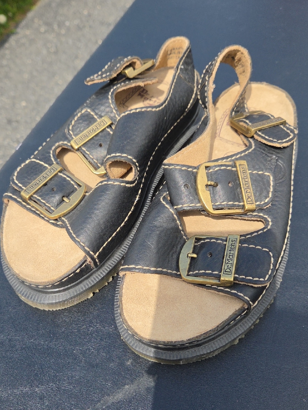Dr. Martens Kids Black Leather Triple-Buckle Sandals with Tan Insole